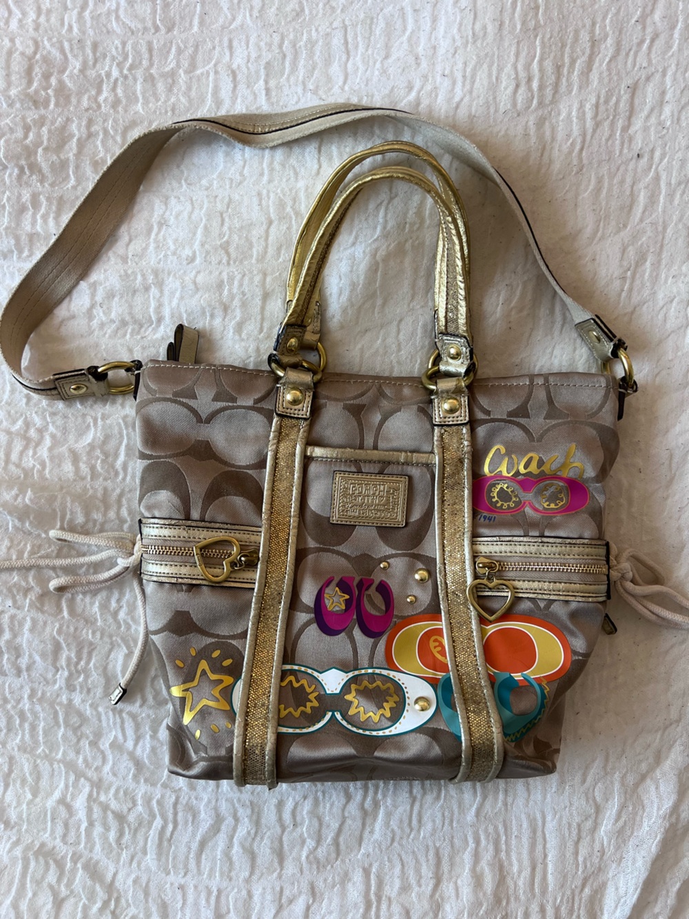 Coach Beige Signature Shoulder Bag with Gold Trim and Multicolor Graphic Accents